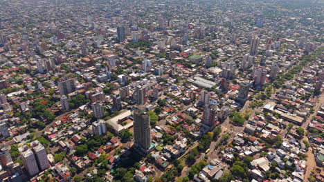 arial drone skyscrapers busy metropolitan city area. posadas misiones argentina.