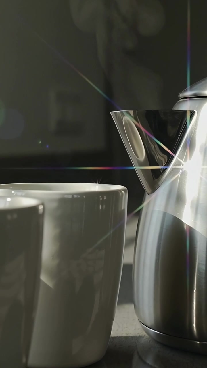 Vertical video: Zooming revealing kettle steaming from heat beside two white mugs on counter, prism