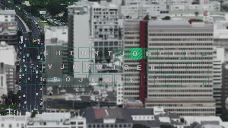 animation of financial data processing over cityscape