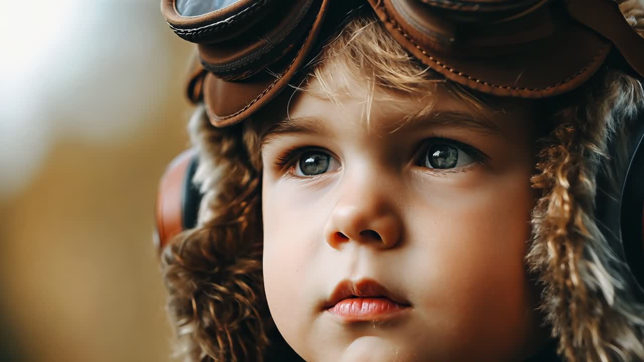 Young aviator dreaming of sky high adventures, wearing vintage pilot helmet and goggles, gazing into distance with imaginative expression against softly blurred background