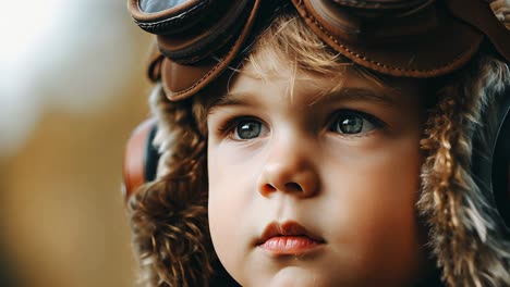 young aviator dreaming of sky high adventures, wearing vintage pilot helmet and goggles, gazing into distance with imaginative expression against softly blurred background