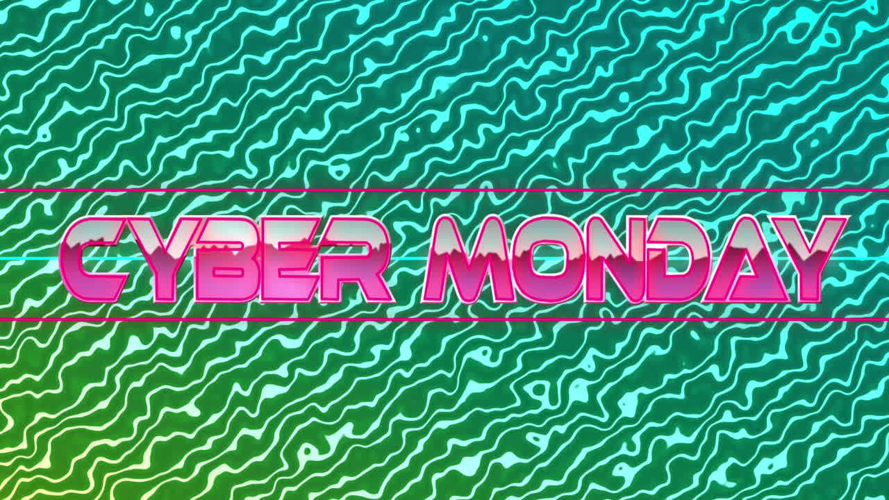Animation of cyber monday text in pink metallic letters over glowing green to blue waving lines