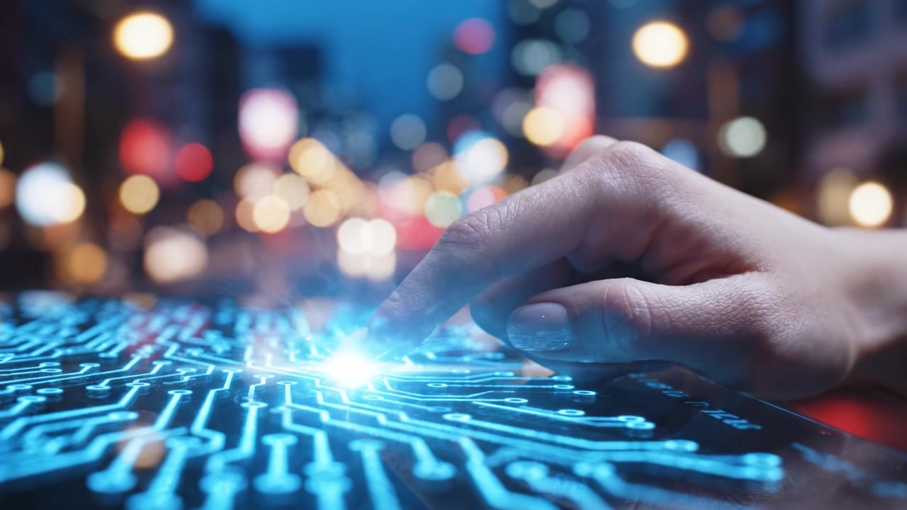 Exploring the Intersection of Technology and Urban Life: A Hand Interacts with a Circuit Board Display Amidst a Vibrant Cityscape at Night