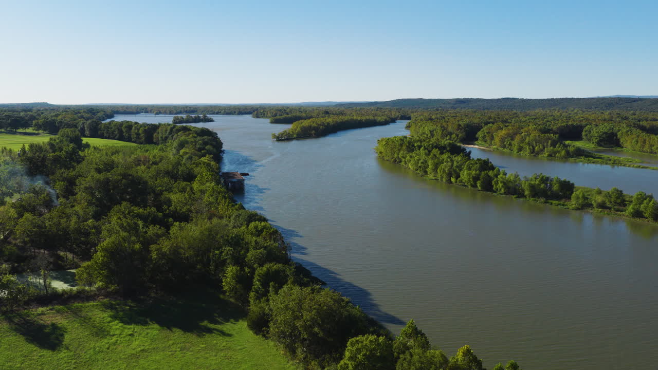 Veduta aerea di un fiume che scorre attraverso i campi verdi e una foresta estiva