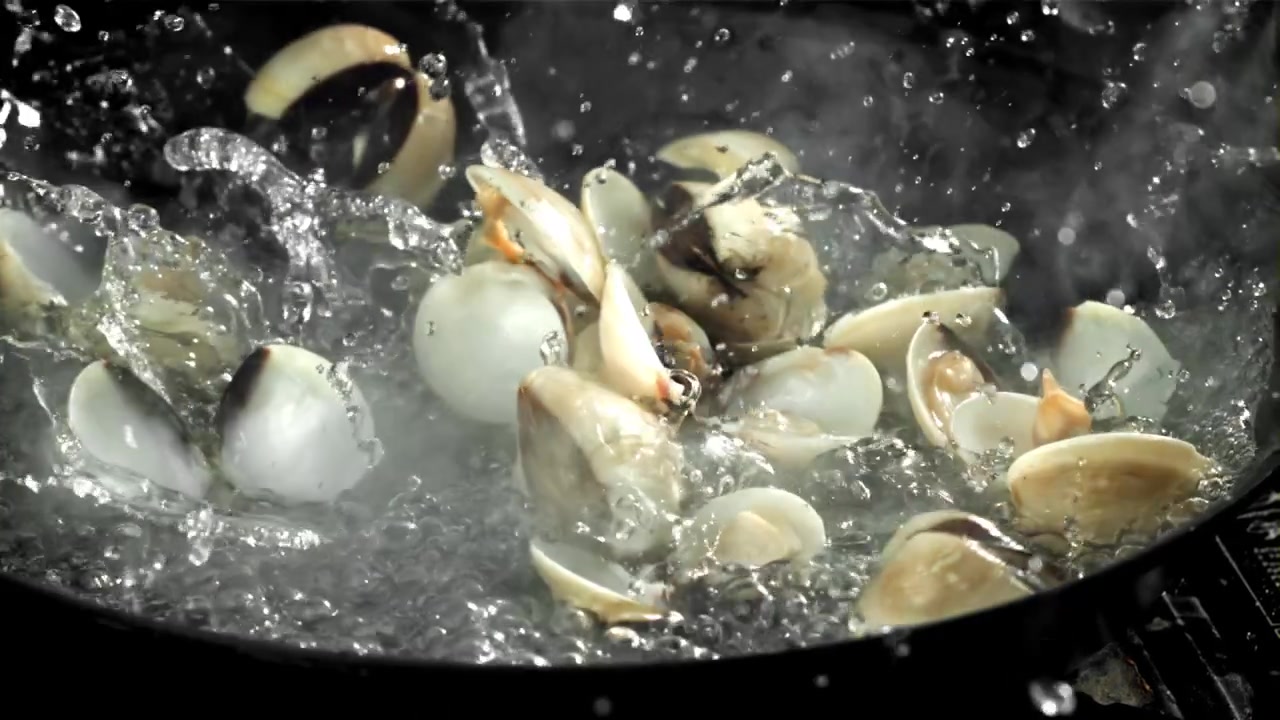 Slow Motion of Fresh Clams Dropping into Boiling Water