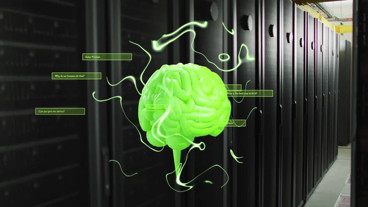 컴퓨터 서버를 통해 뇌와 데이터 처리를 가진 ai 텍스트의 애니메이션