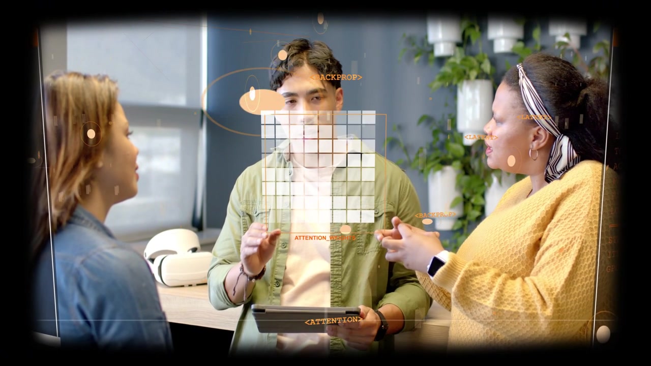 Center man scanning tablet and touching HUD nodes, watching grid responding, leading product talk
