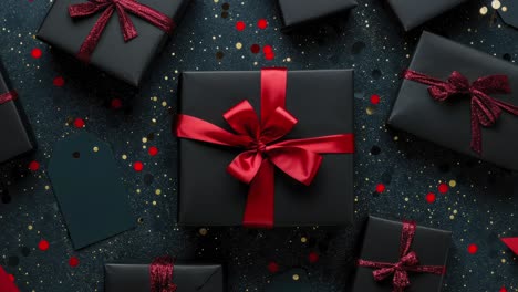 elegant black gift boxes with red ribbons and tags