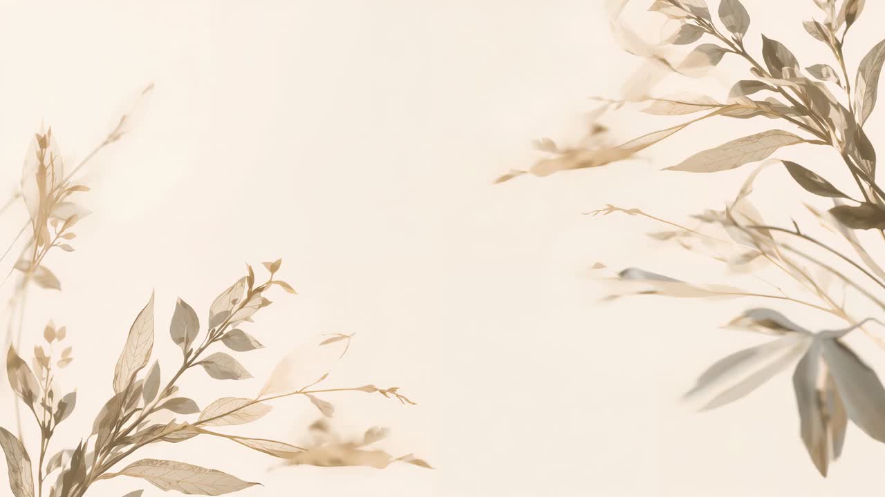 On start swaying botanic foliage drifting inward with leaf fragments on pale paper, framing center