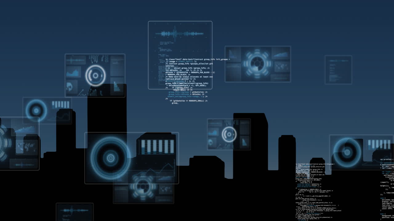 Multiple screens with data processing over silhouette of cityscape against blue background