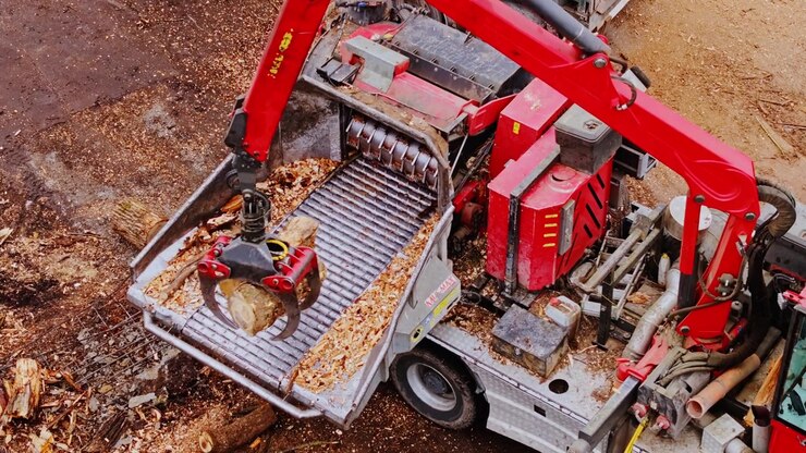 Red industrial machine processes timber and fills hopper with wood chips