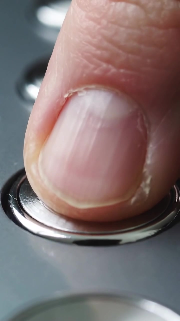 Vertical video: Hovering thumb pressing metal panel button, activating, lifting to reveal button