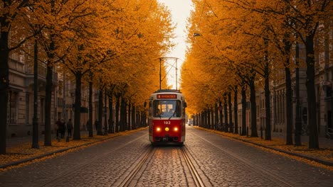 a scenic autumn journey: a tram navigating through a vibrant canopy of golden leaves amidst a cobblestone pathway