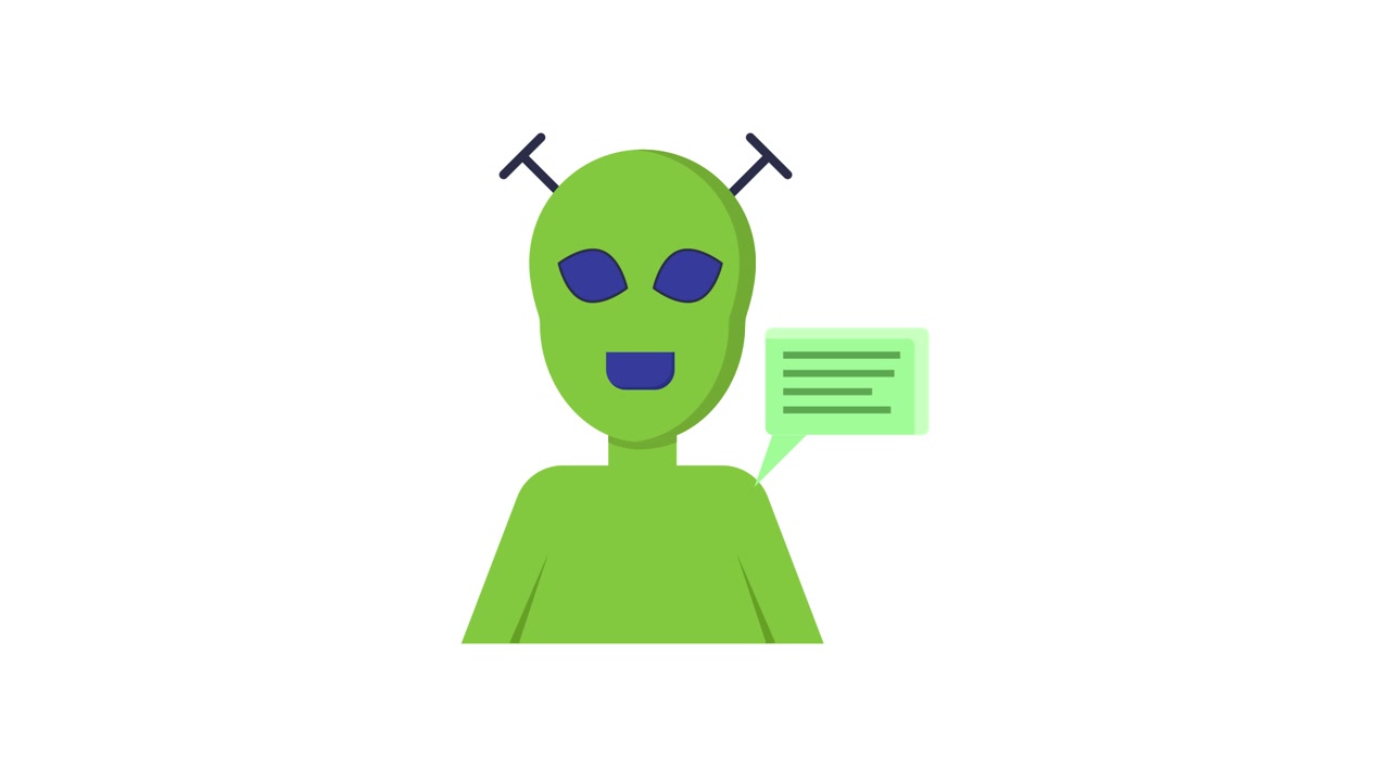 Animeret grøn alienfigur med taleboble