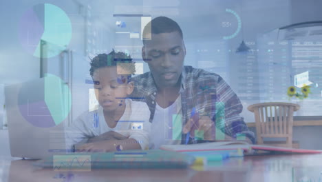 animation of infographic interface and dense clouds on african american father and son using laptop