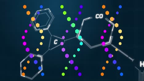 Colorful-dna-structures-spinning-over-chemical-structures-against-blue-background