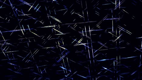 modello geometrico con brevi linee al neon che si muovono velocemente una per una in direzione diagonale. animazione. strisce strette che si attraversano e scorrono su sfondo nero, anello senza cuciture