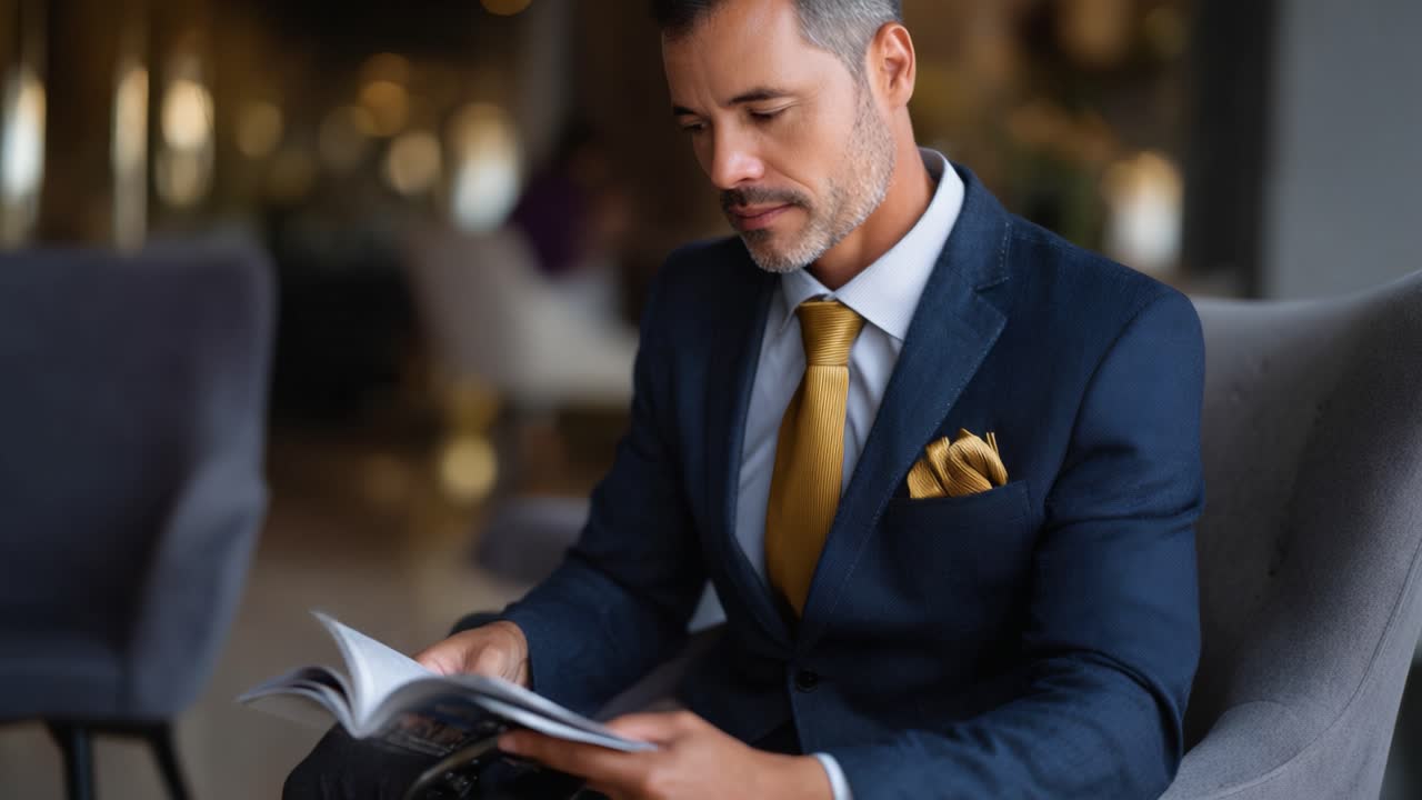 Un uomo d'affari in un abito elegante, assorto nella lettura di una rivista mentre è seduto comodamente in un moderno spazio lounge con un'atmosfera sofisticata
