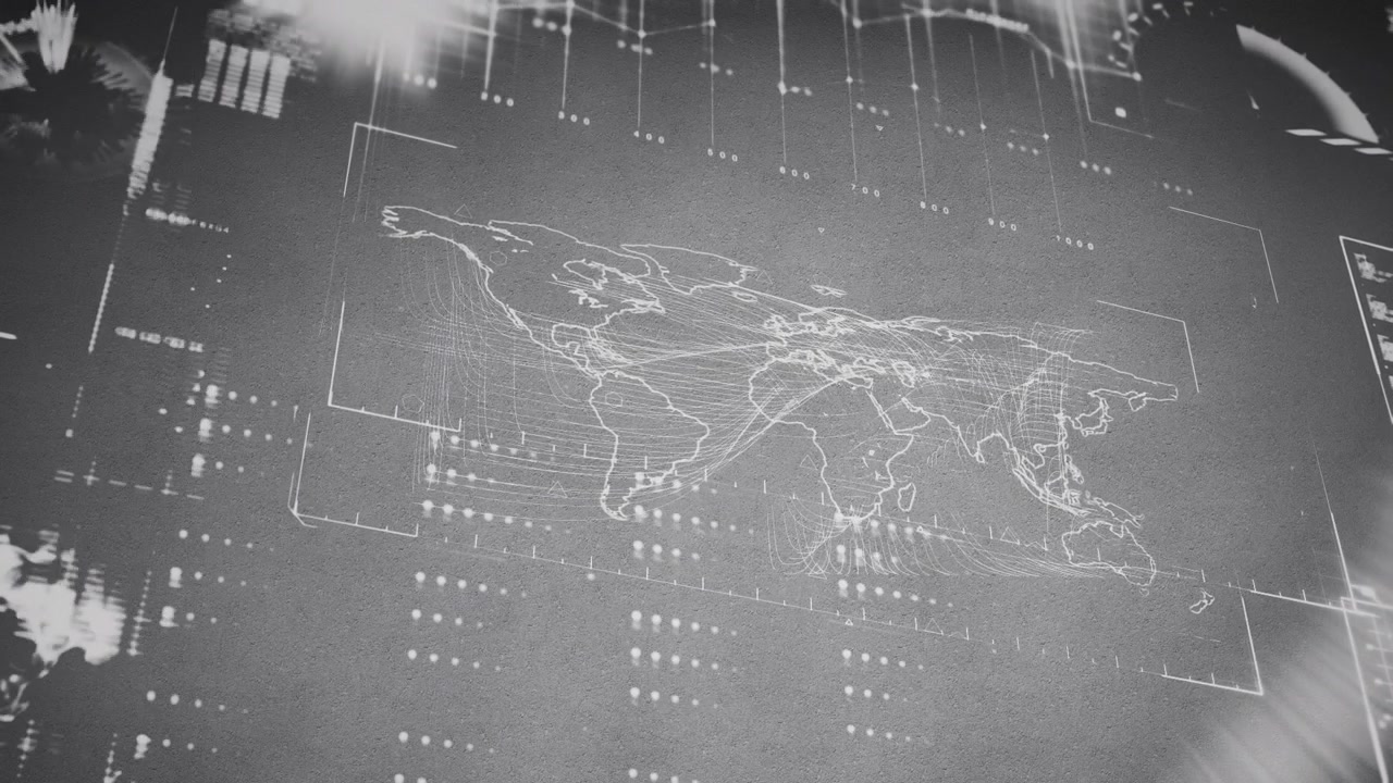 Animation of financial data processing with world map on computer graphic interface