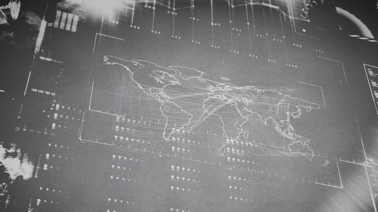 Animation of financial data processing with world map on computer graphic interface