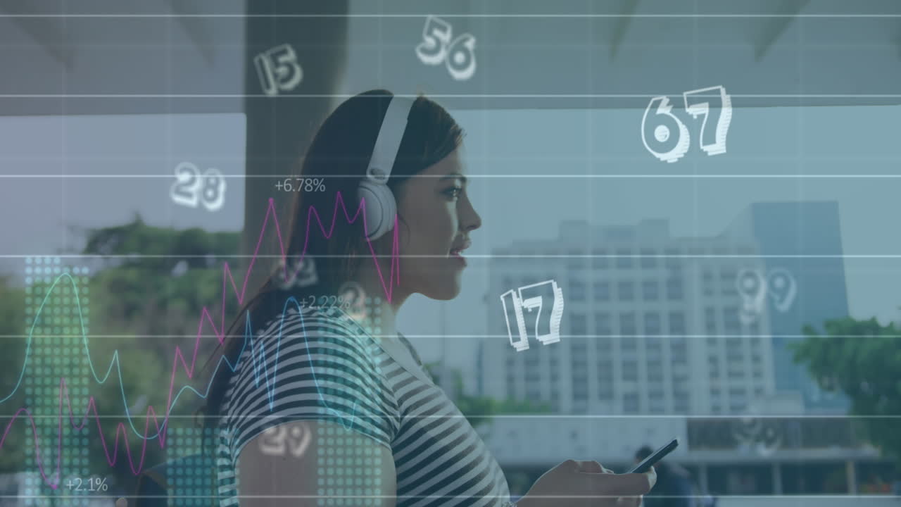 animación de procesamiento de datos estadísticos contra mujer caucásica escuchando música en la calle