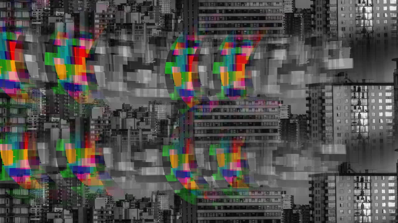 Colorful and monochrome static with a view of the city