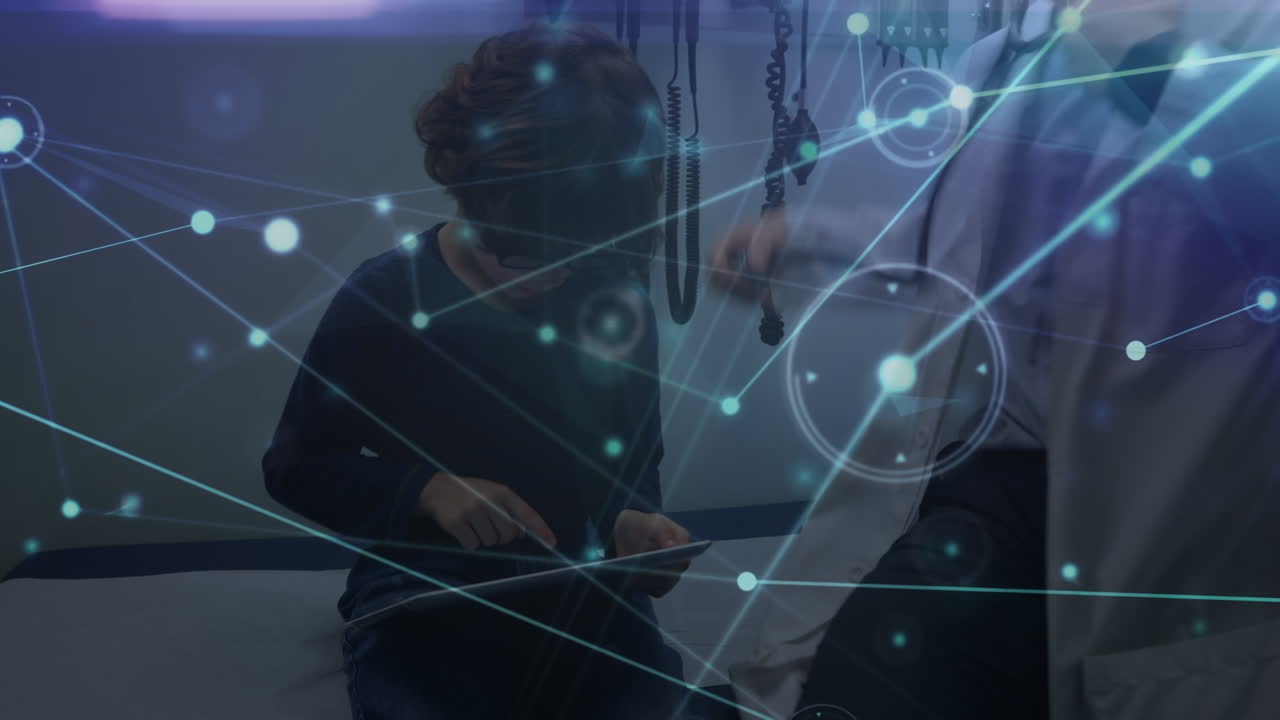 Animation of network of connections over caucasian male doctor examining boy