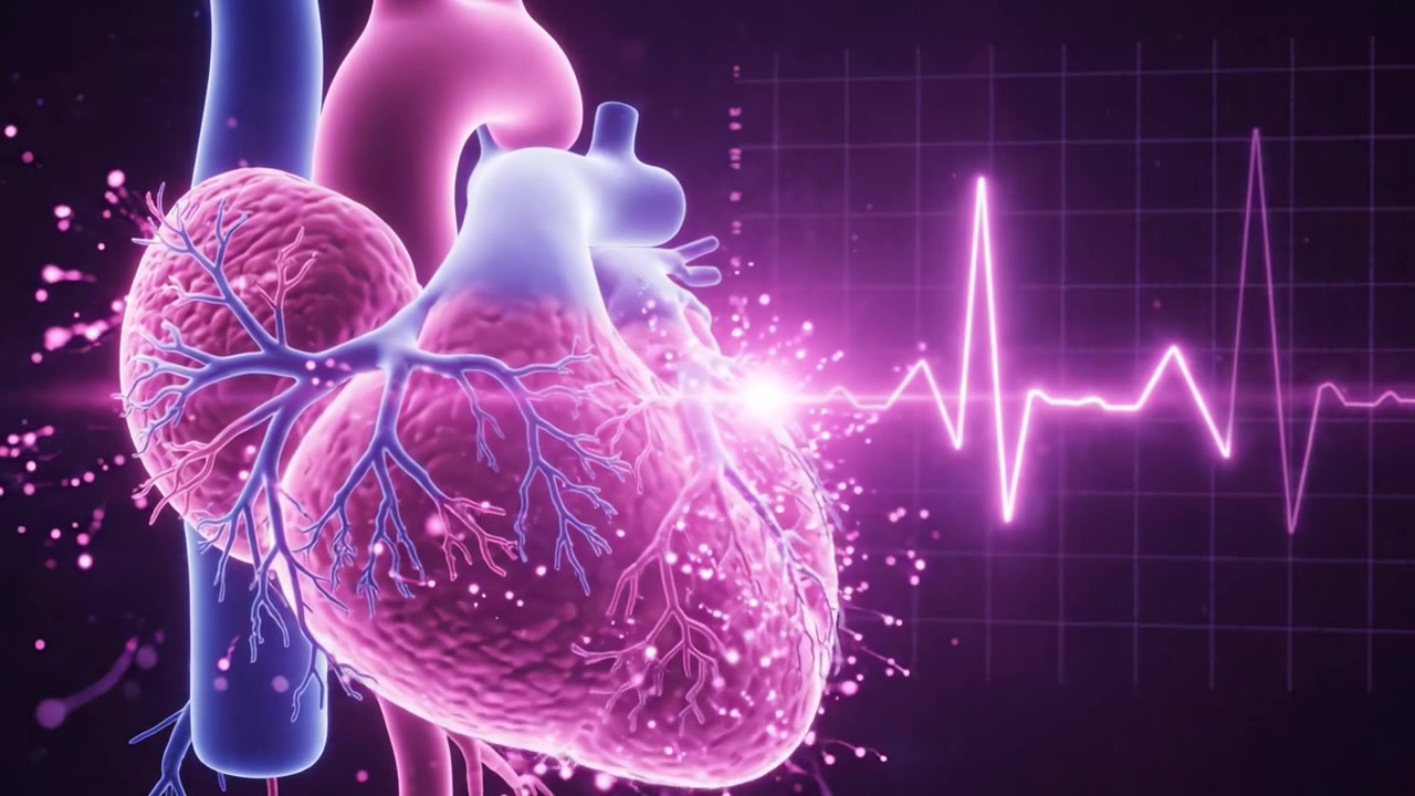Una atractiva visualización de un corazón humano con estructuras vasculares y una pantalla de latidos, destacando las complejidades de la anatomía humana y la función cardiovascular