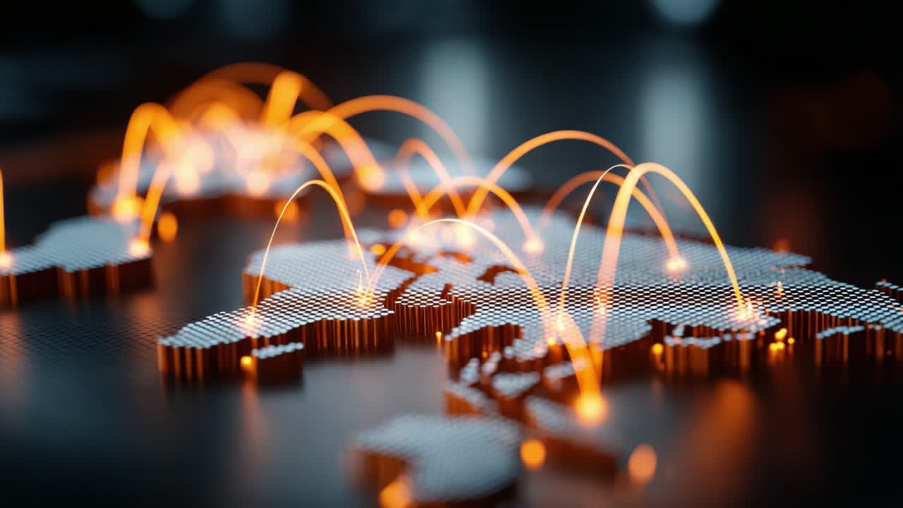 Global Connectivity Visualized: Illuminated Network Map Highlighting Data Connections Across Continents with Radiant Lines Symbolizing Digital Communication