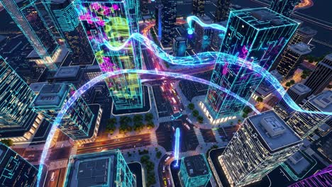 futuristic night city skyline with digital overlay