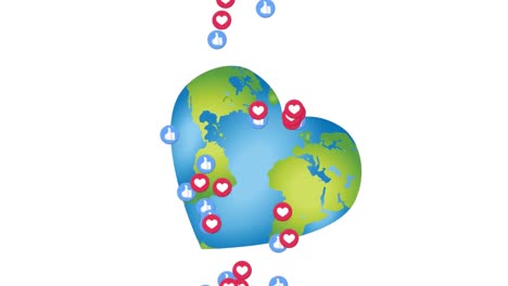 Animation-of-social-media-reactions-floating-over-heart-shaped-globe-on-white-background