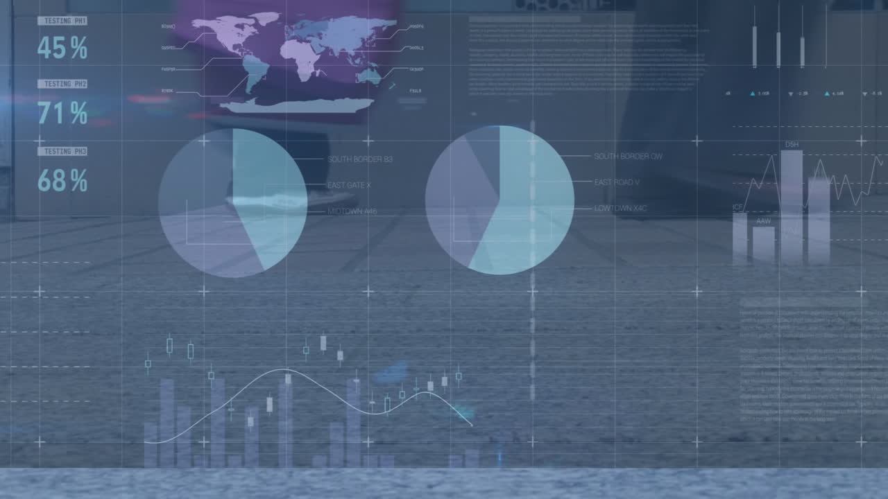 Animation of financial data processing over diverse people walking on street