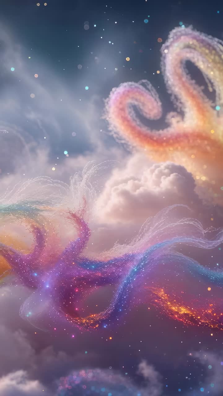 Vertical video: Opening multicolor ribbons weaving across clouds, particles forming glowing pattern