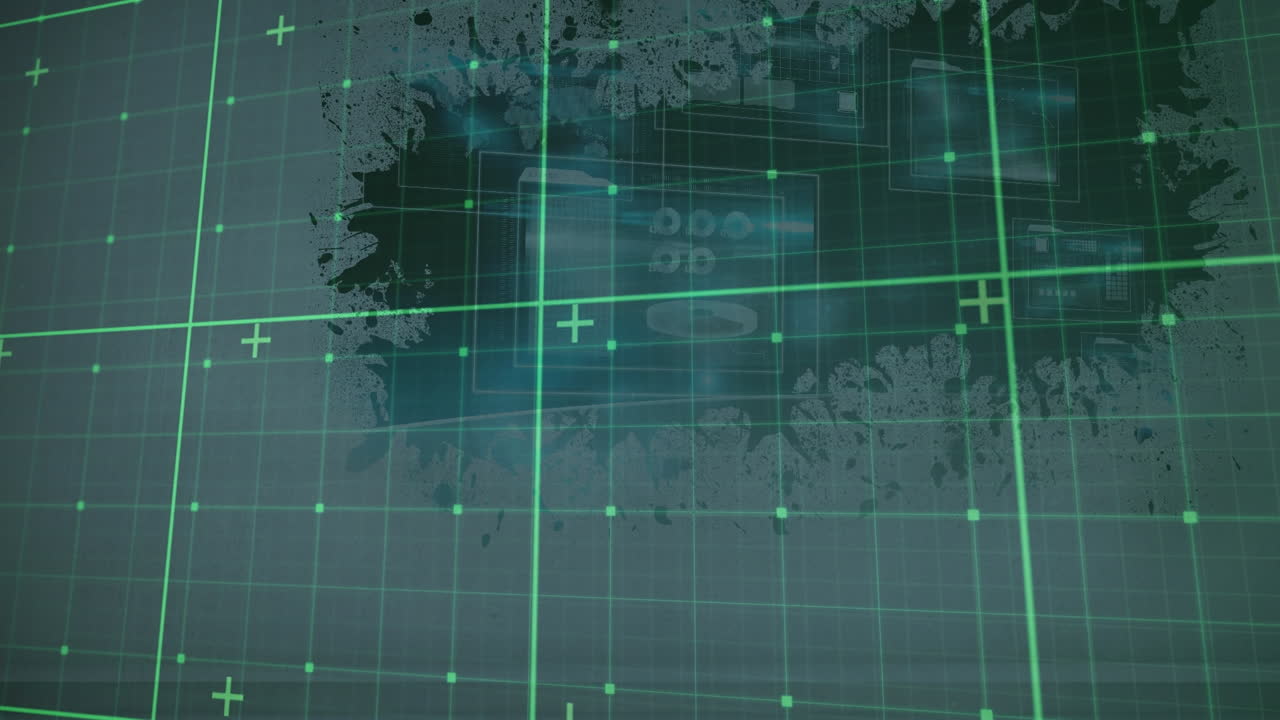 배경에 있는 얼룩과 기술 장치 위에 움직이는 체크된 화면의 애니메이션