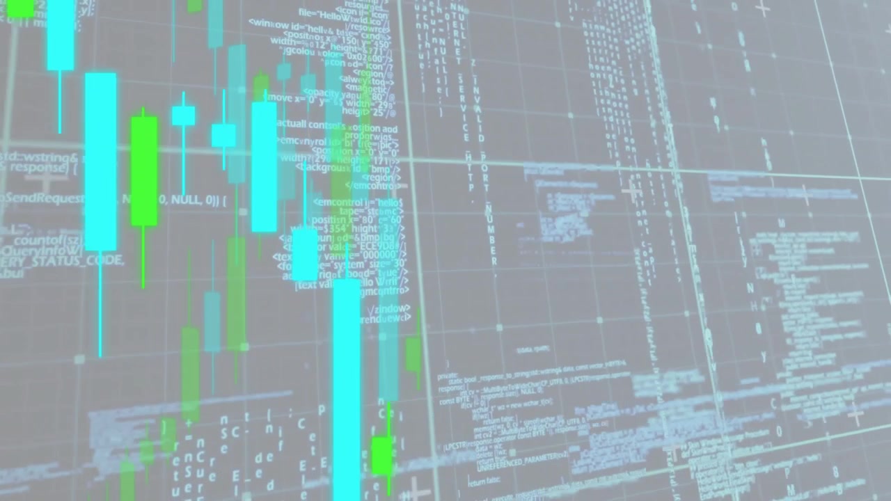 Animation of financial data processing over grid on grey background