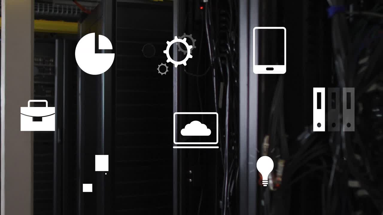 Animation of multiple digital icons floating against close up of a computer server