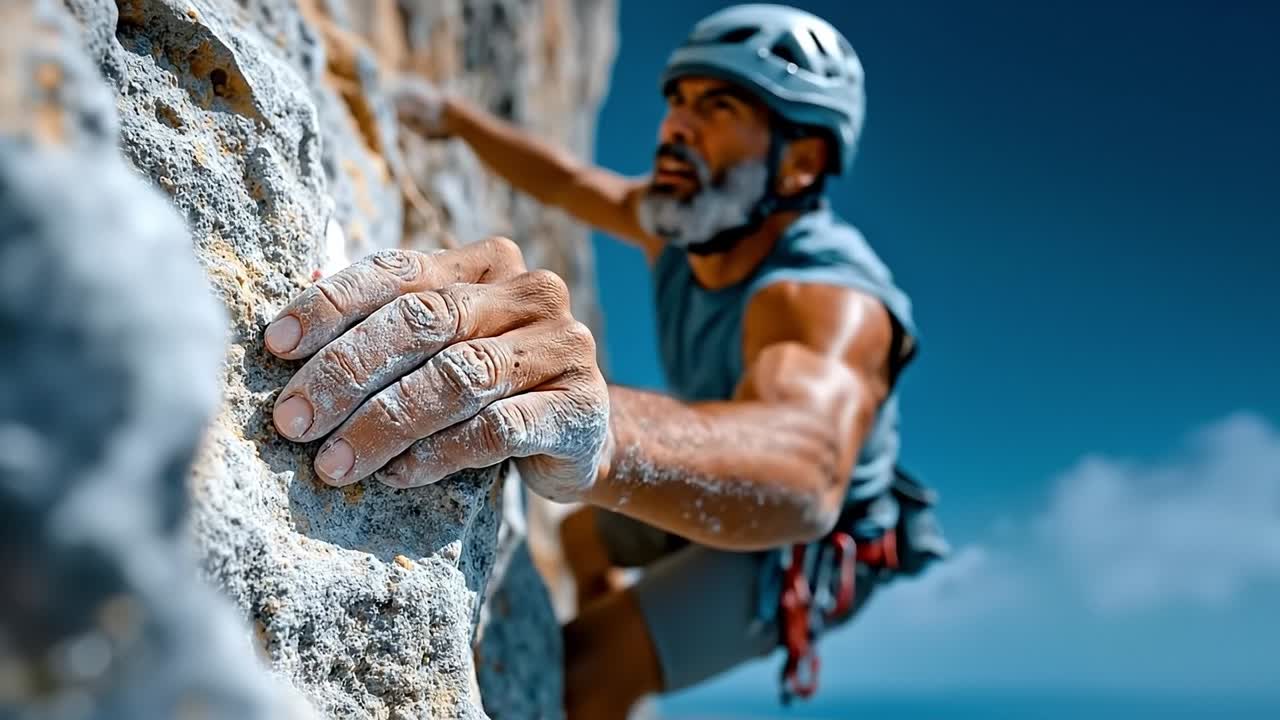 A man climbing up a rock face with a helmet on