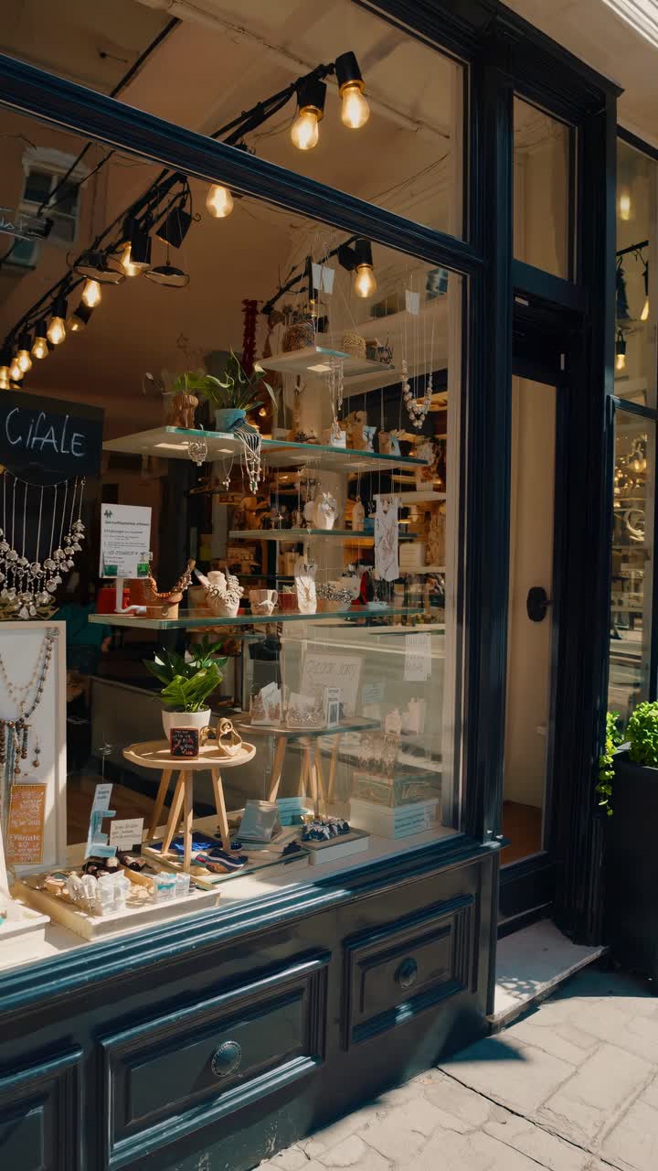 Boutique Storefront with Jewelry and Crafts on Display