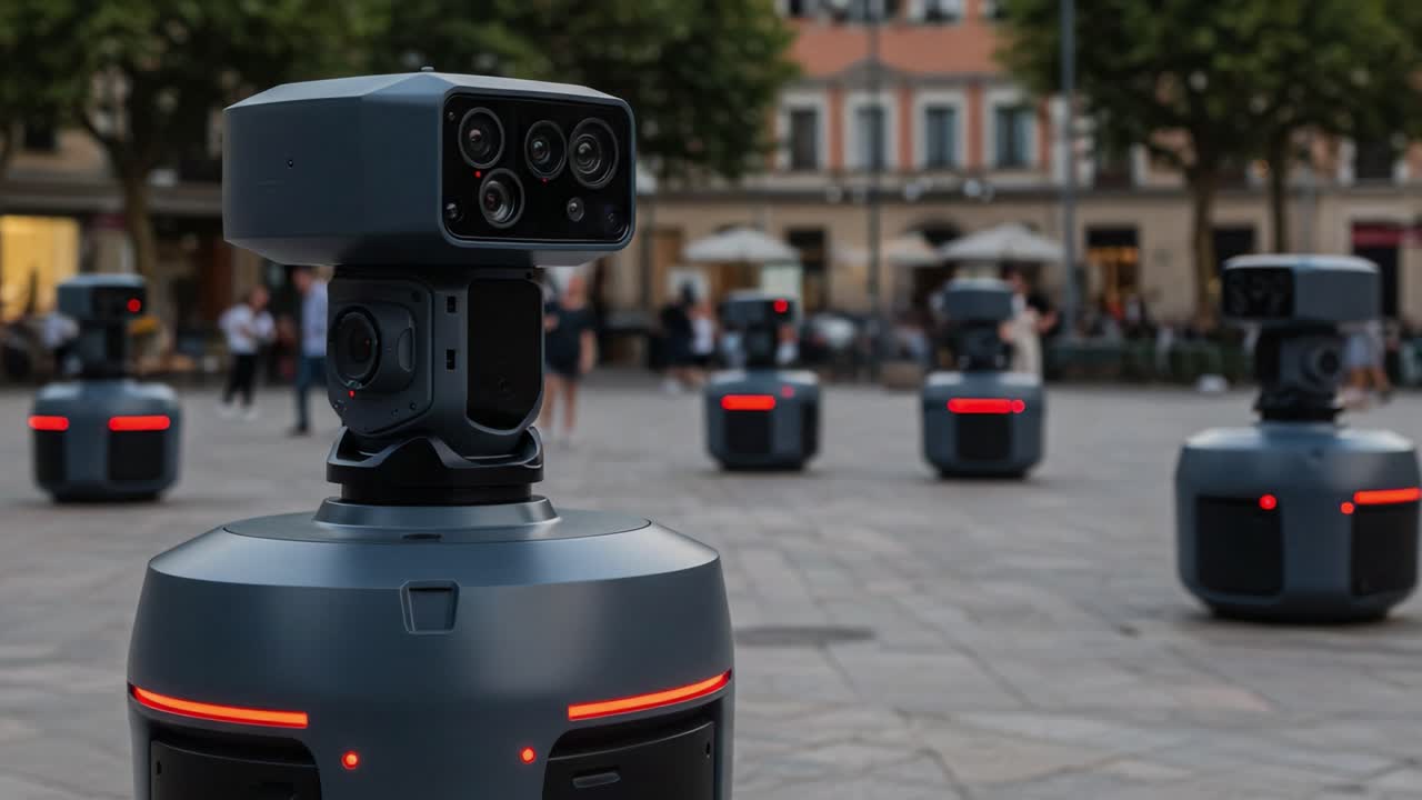 Exploring the Future of Urban Security: Advanced Surveillance Robots in a Public Square Capturing Movement and Activity Around Them