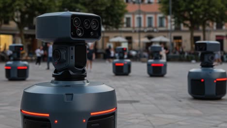 exploring the future of urban security: advanced surveillance robots in a public square capturing movement and activity around them
