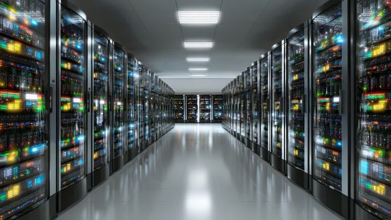 A High-Tech Data Center with Rows of Servers Illuminated by Multicolored Lights, Showcasing Advanced Technology and Infrastructure for Data Storage and Processing