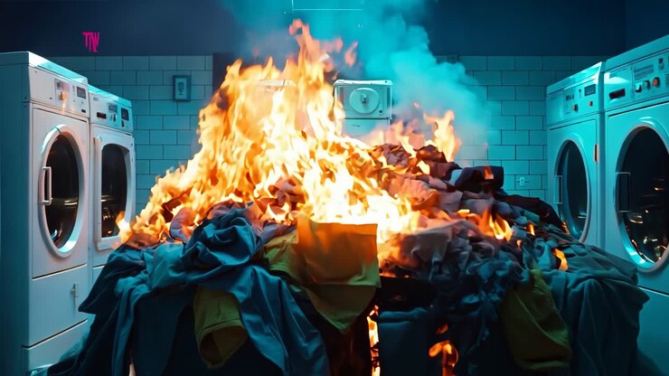 En bunke tøj i brand i et vaskerum
