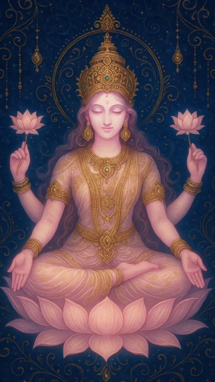 A mystical video concept of a serene goddess in traditional attire, captured from a frontal angle