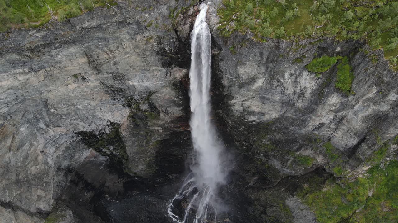 Areal footage of Vettisfossen waterfall in Norway