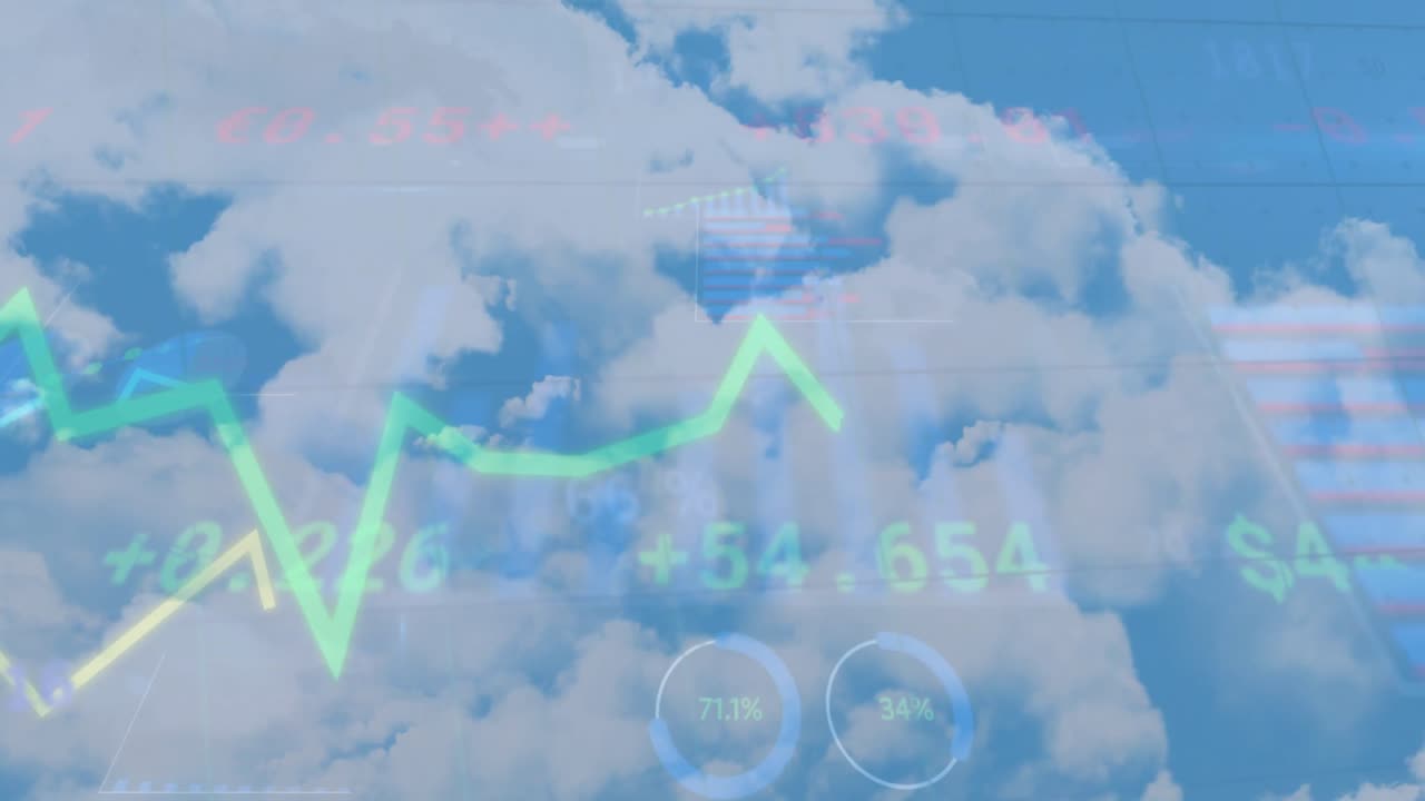 animación del procesamiento de datos estadísticos contra nubes en el cielo azul.