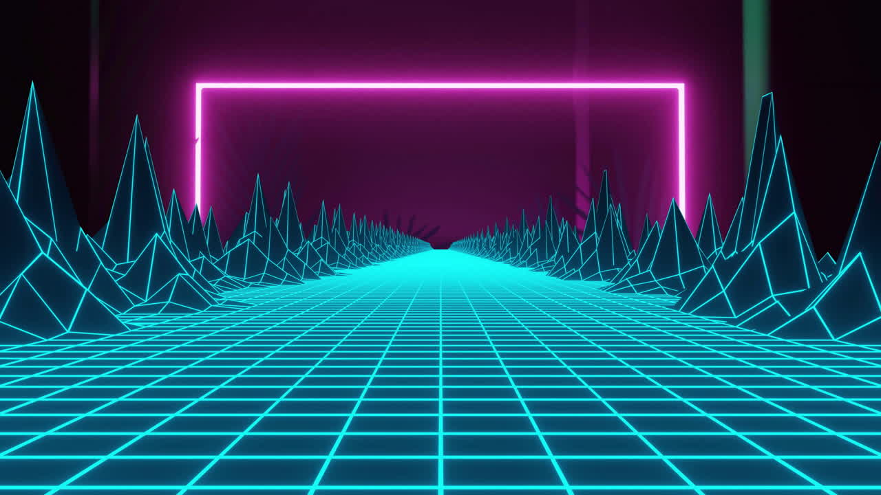 Retro-futuristic animation of neon grid landscape with wireframe mountains