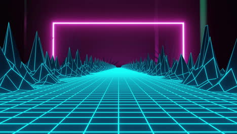 retro-futuristic animation of neon grid landscape with wireframe mountains