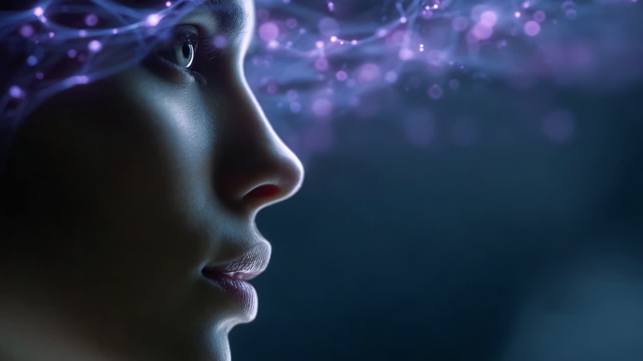 Un retrato fascinante de una mujer con un aura digital, que destaca su perfil y las luces etéreas que crean una mezcla encantadora de realidad e imaginación.