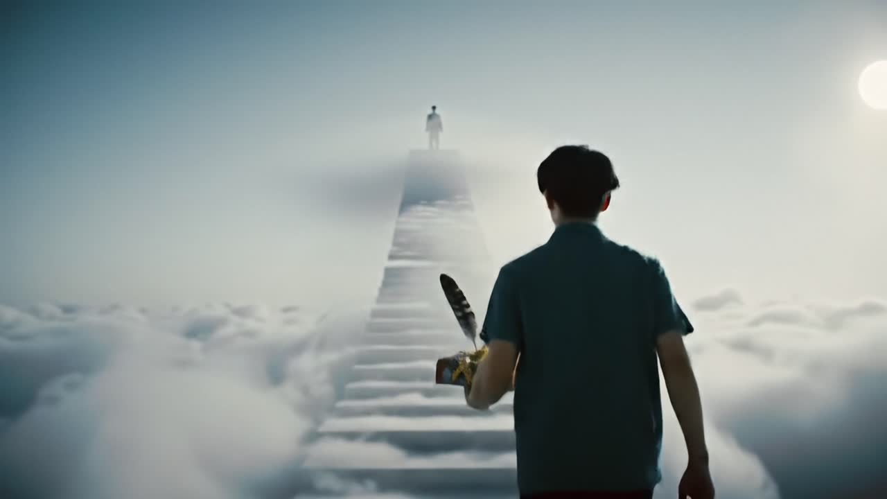 A Solitary Journey: A Figure Ascends a Stairway Through Clouds Toward a Mysterious Destination, Symbolizing Hope and Discovery in a Surreal Landscape