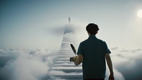 a solitary journey: a figure ascends a stairway through clouds toward a mysterious destination, symbolizing hope and discovery in a surreal landscape